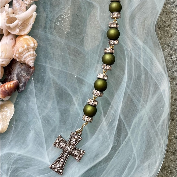 Rosary Heirloom decade green and Crystal hand turned each bead silver accents - Picture 1 of 8